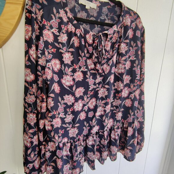 Loft Blouse in a Rayon Poly Floral Chintz in Black, Gold & Red. Gathered Flounce - Picture 1 of 9